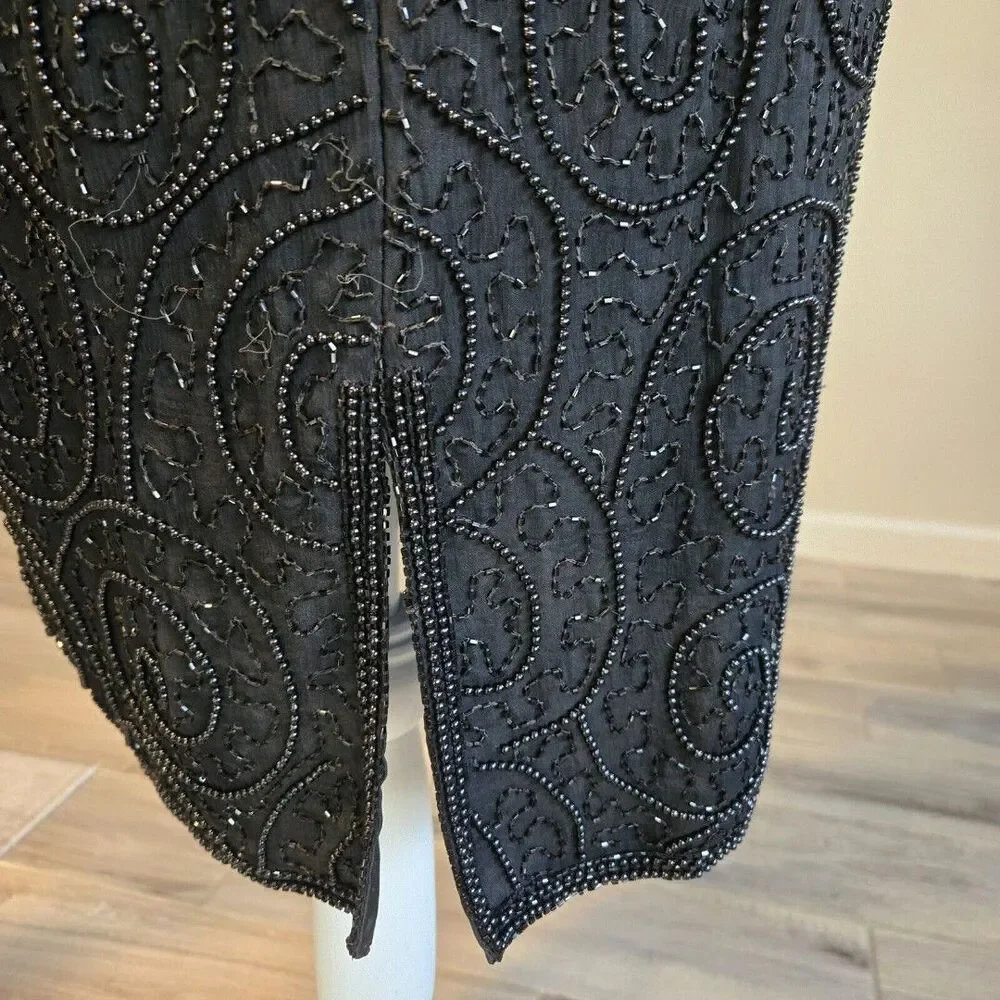 Vintage Jewel Queen 100% Pure Silk Beaded Dress Black Hand Embroidered SZ 8